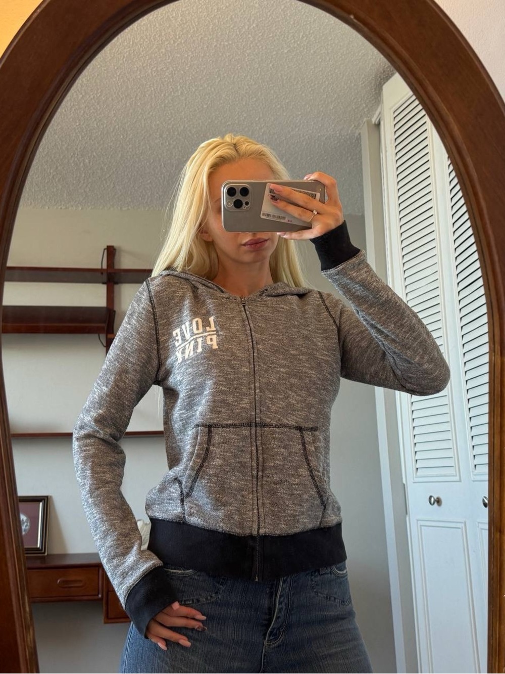 Victoria's Secret Gray Marled Zip Hoodie with Love Pink Chest Logo